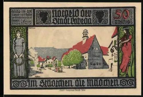 Notgeld Lobeda, 50 Pfennig, Stadtansicht mit Kirche und Ruine, 1921, im Städtchen die Mädchen