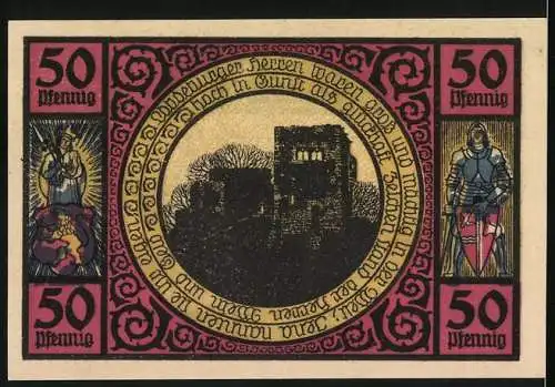 Notgeld Lobeda, 50 Pfennig, Stadtansicht mit Kirche und Ruine, 1921, im Städtchen die Mädchen