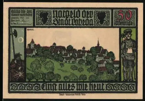 Notgeld Lobeda 1921, 50 Pfennig, Stadtansicht und Ritter mit Burgruine