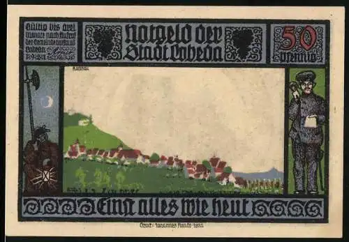 Notgeld Lobeda, 1921, 50 Pfennig, Stadtansicht und Ritterillustration mit Burgruine