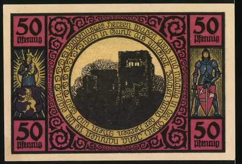 Notgeld Lobeda, 1921, 50 Pfennig, Stadtansicht und Ritterillustration mit Burgruine