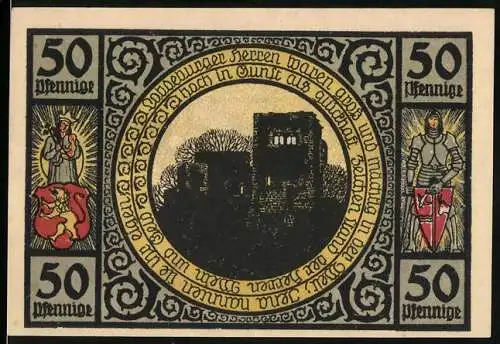 Notgeld Lobeda, 1921, 50 Pfennig, Burgruine und Landschaft mit Rittern und Wappen