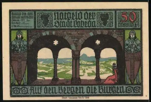 Notgeld Lobeda, 1921, 50 Pfennig, Burgruine und Landschaft mit Rittern und Wappen