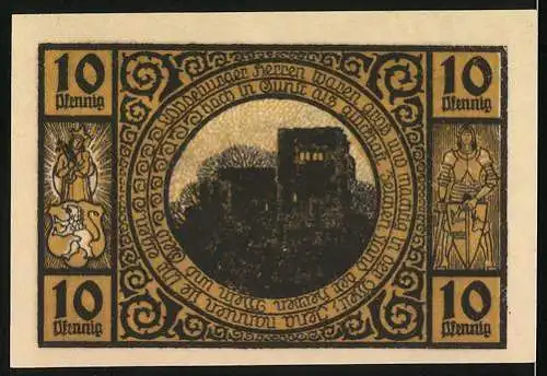 Notgeld Lobeda, 1921, 10 Pfennig, Frauen mit Krug und Schwert, Burg in Mitte, 10 Pfennig an Ecken