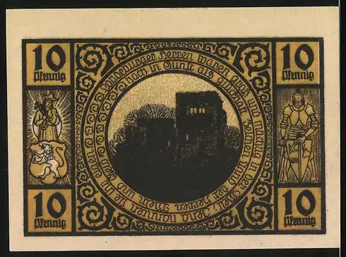 Notgeld Lobeda, 1921, 10 Pfennig, Stadtansicht mit Figuren und Burg im Kreisornament