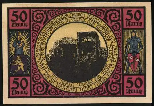 Notgeld Lobeda, 1921, 50 Pfennig, Stadtansicht und mittelalterliche Burgdarstellung