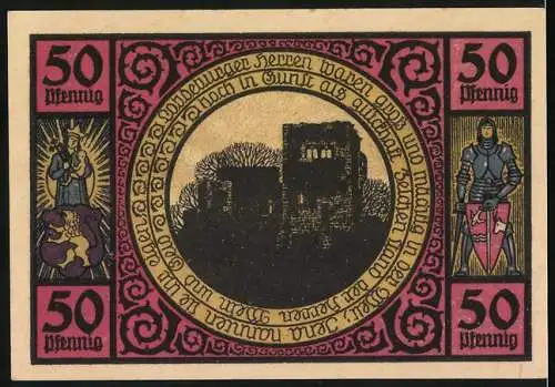 Notgeld Lobeda, 1921, 50 Pfennig, Ansicht auf Landschaft und Ritterwachen, Ruine im Zentrum