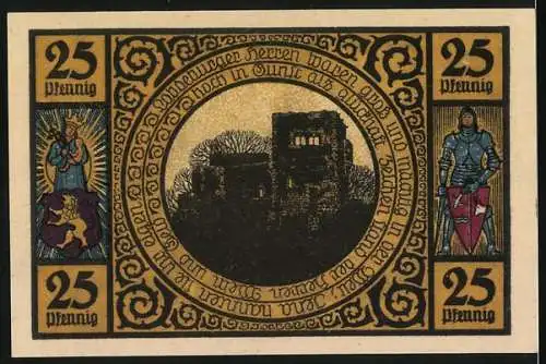 Notgeld Lobeda, 1921, 25 Pfennig, Burgansicht mit Bäumen, Ritter und Heilige in Seitendesigns