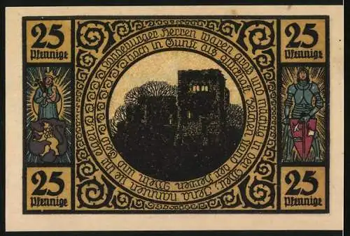 Notgeld Lobeda, 1921, 25 Pfennig, Rathaus und Burgruine mit dekorativen Elementen