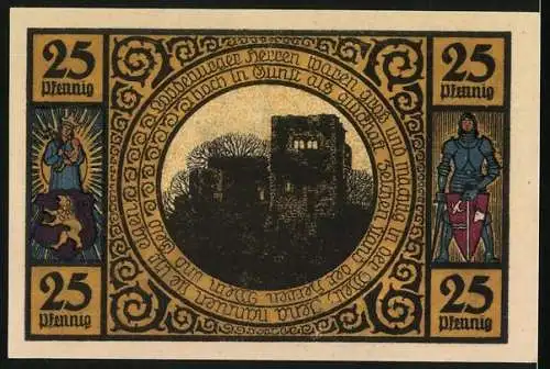 Notgeld Lobeda, 1921, 25 Pfennig, Gebäude und Ruine in detaillierter Darstellung