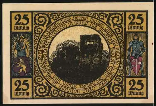 Notgeld Lobeda 1921, 25 Pfennig, Gebäude und Burgruine mit Ornamenten und Figuren