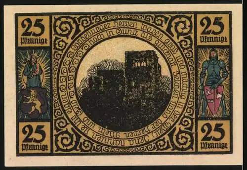 Notgeld Lobeda, 1921, 25 Pfennig, Kirche und Burgruine, Verzierung mit Rittern und Heiligen