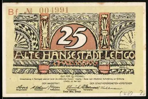 Notgeld Lemgo 1921, 25 Pfennig, Alte Hansestadt Lemgo mit dekorativen Mustern und Stadtsilhouette