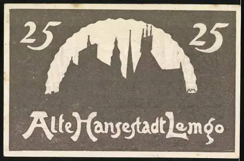 Notgeld Lemgo 1921, 25 Pfennig, Alte Hansestadt Lemgo mit dekorativen Mustern und Stadtsilhouette