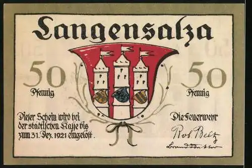 Notgeld Langensalza 1921, 50 Pfennig, Feuerwehrleute mit Leiter und Wasserschlauch, Stadtwappen und Text