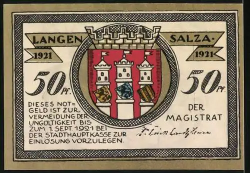 Notgeld Langensalza 1921, 50 Pf., Soldat mit Kanone und Stadtwappen