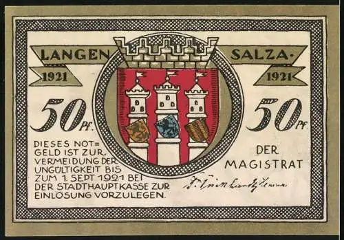 Notgeld Langensalza, 1921, 50 Pf, Soldat mit Kanone und Stadtwappen