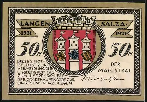 Notgeld Langensalza, 1921, 50 Pf., Reiter auf Pferd und Stadtwappen mit drei Türmen