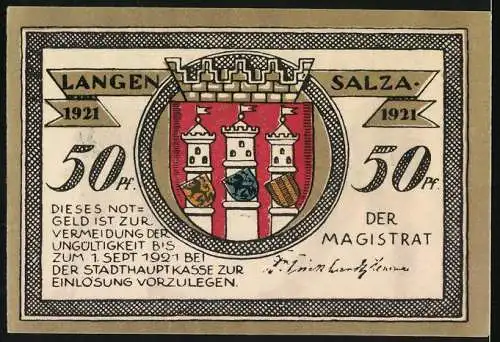 Notgeld Langensalza 1921, 50 Pf., Illustration von zwei kämpfenden Soldaten und Stadtwappen