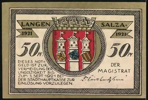 Notgeld Langensalza 1921, 50 Pf, Adler, Waterloo, Obelisk, Drei Türme, Magistrat