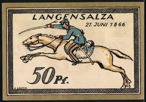 Notgeld Langensalza 1921, 50 Pf, Vorderseite mit Stadtwappen und Magistrat, Rückseite mit Reiter und Datum 27. Juni 186