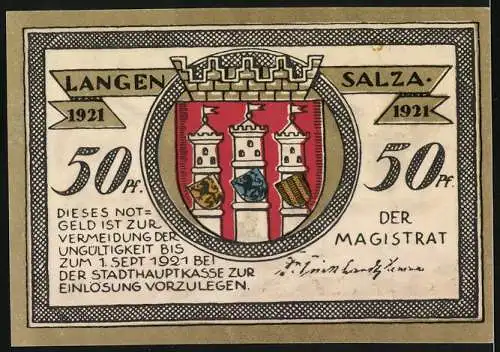 Notgeld Langensalza 1921, 50 Pf., Stadtwappen und historische Symbole, Vorder- und Rückseite