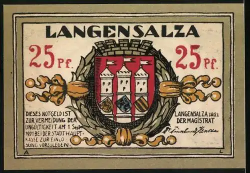 Notgeld Langensalza 1921, 25 Pfennig, Storchnest und Stadtwappen