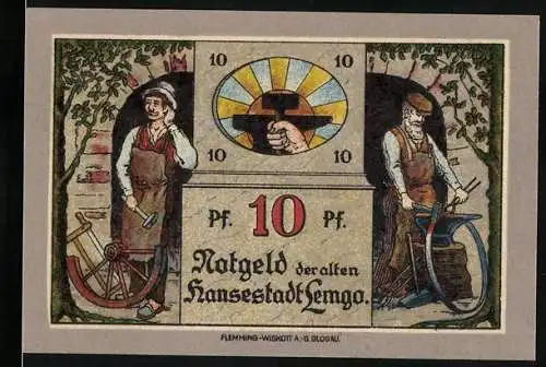 Notgeld Lemgo, 1921, 10 Pfennig, Handwerker mit Hammer und Rad, 25. Mai 1921, Seriennummer D047754