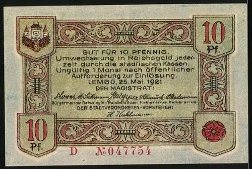 Notgeld Lemgo, 1921, 10 Pfennig, Handwerker mit Hammer und Rad, 25. Mai 1921, Seriennummer D047754