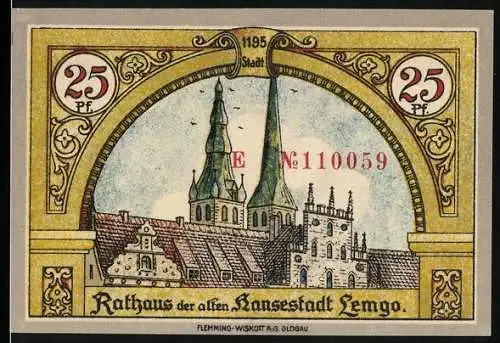 Notgeld Lemgo, 1921, 25 Pf, Rathaus der alten Hansestadt und Wappen mit Aufschrift