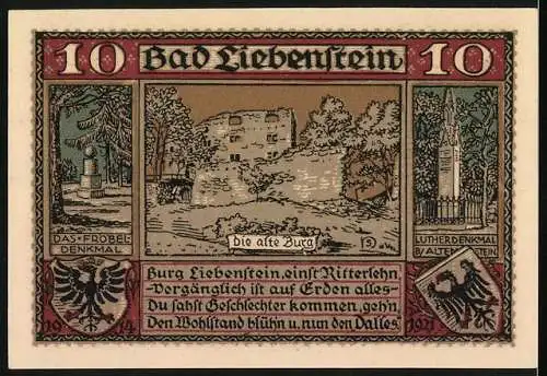 Notgeld Bad Liebenstein, 1921, 10 Pf, Landschaftsansicht mit Burg, Denkmäler und Gedicht