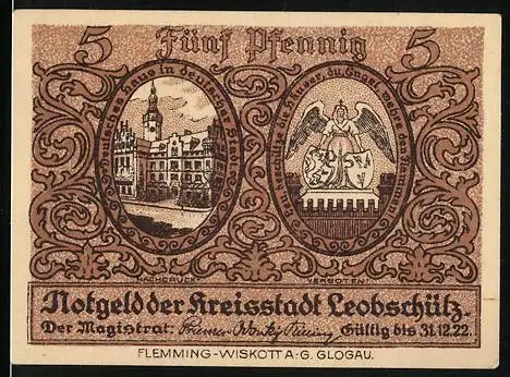 Notgeld Leobschütz, 1922, 5 Pfennig, Stadtansicht und Wappen, Rückseite mit Karte