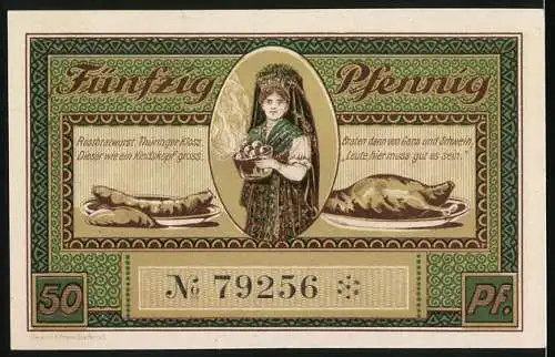 Notgeld Leutenberg 1921, 50 Pfennig, Schloss Friedensburg und Thüringer Festessen