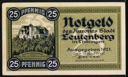 Notgeld Leutenberg 1921, 25 Pfennig, Schloss Friedensburg und Wappen, verliert nach einem Monat die Gültigkeit