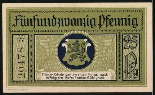 Notgeld Leutenberg 1921, 25 Pfennig, Schloss Friedensburg Motto und Wappen auf Rückseite