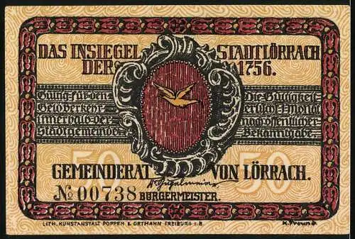 Notgeld Lörrach, 1920, 50 Pf, Johann Peter Hebel Porträt und Insiegel der Stadt Lörrach