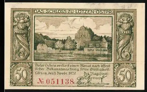 Notgeld Lötzen 1921, 50 Pfennig, Schloss Lötzen und Fische, zum Andenken am 11. Juli 1921