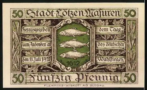 Notgeld Lötzen 1921, 50 Pfennig, Schloss Lötzen und Fische, zum Andenken am 11. Juli 1921