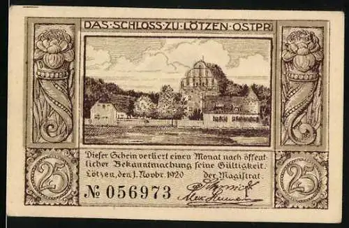 Notgeld Lötzen 1920, 25 Pfennig, Schloss und Fischemotiv, beidseitig bedruckt