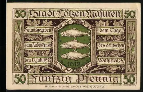 Notgeld Lötzen 1921, 50 Pfennig, Stadtwappen mit Fischen und Schlossansicht