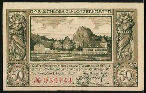 Notgeld Lötzen 1921, 50 Pfennig, Stadtwappen mit Fischen und Schlossansicht