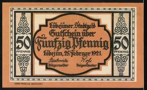 Notgeld Löbejün, 1921, 50 Pfennig, Der bankerotte Löbejüner und Stadtansicht, gültig bis 1 Monat nach Aufruf
