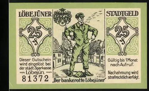 Notgeld Löbejün 1921, 25 Pfennig, Der bankerotte Löbejüner, grün, Stadtgeld, gültig bis 1 Monat nach Aufruf