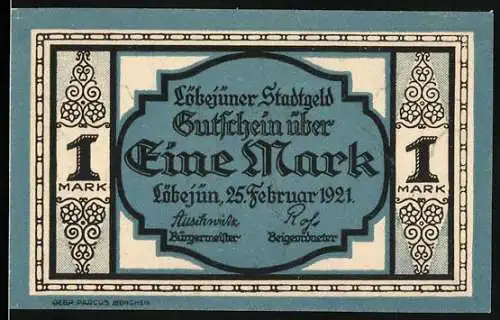 Notgeld Löbejün 1921, 1 Mark, Gutschein über Eine Mark Der bankrotte Löbejüner
