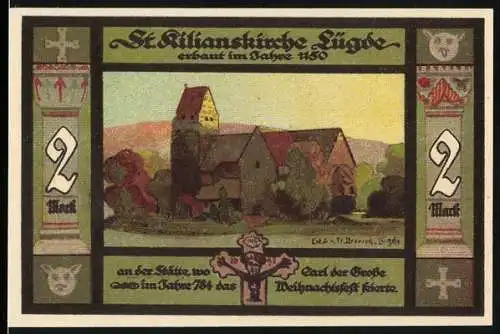 Notgeld Lügde 1921, 2 Mark, St. Kilianskirche erbaut 1180, Stadtwappen und Seriennummer 039107
