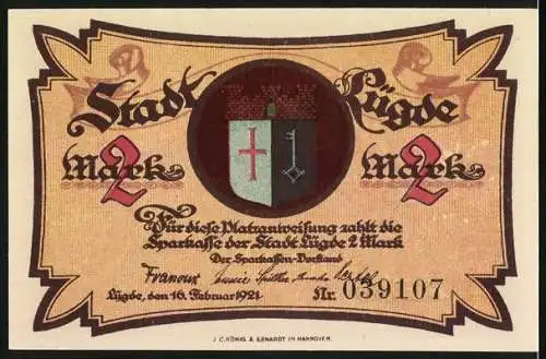 Notgeld Lügde 1921, 2 Mark, St. Kilianskirche erbaut 1180, Stadtwappen und Seriennummer 039107