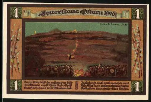 Notgeld Lügde 1921, 1 Mark, Feuer Szene, Stadtwappen und Weizenbündel