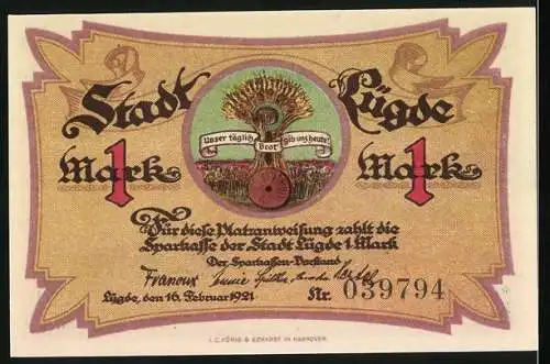 Notgeld Lügde 1921, 1 Mark, Feuer Szene, Stadtwappen und Weizenbündel