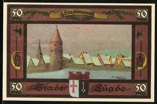 Notgeld Lügde, 1921, 50 Pfennig, Stadtmauer und Stadtwappen, Seriennummer 039038