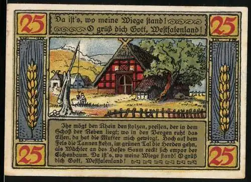 Notgeld Lübbecke, 1921, 25 Pfennig, Westfalenlied, Fachwerkhaus und Wappen, Nr. 007083